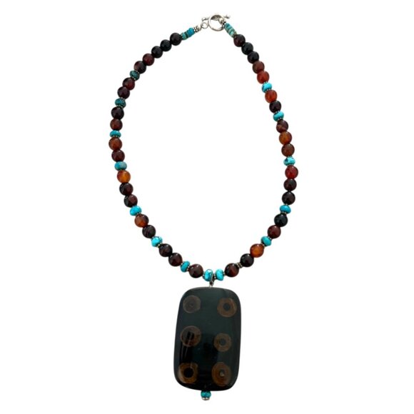 Artisan Made sterling Silver 925 Turqoise and agate w Pendant brown blue - Picture 1 of 11